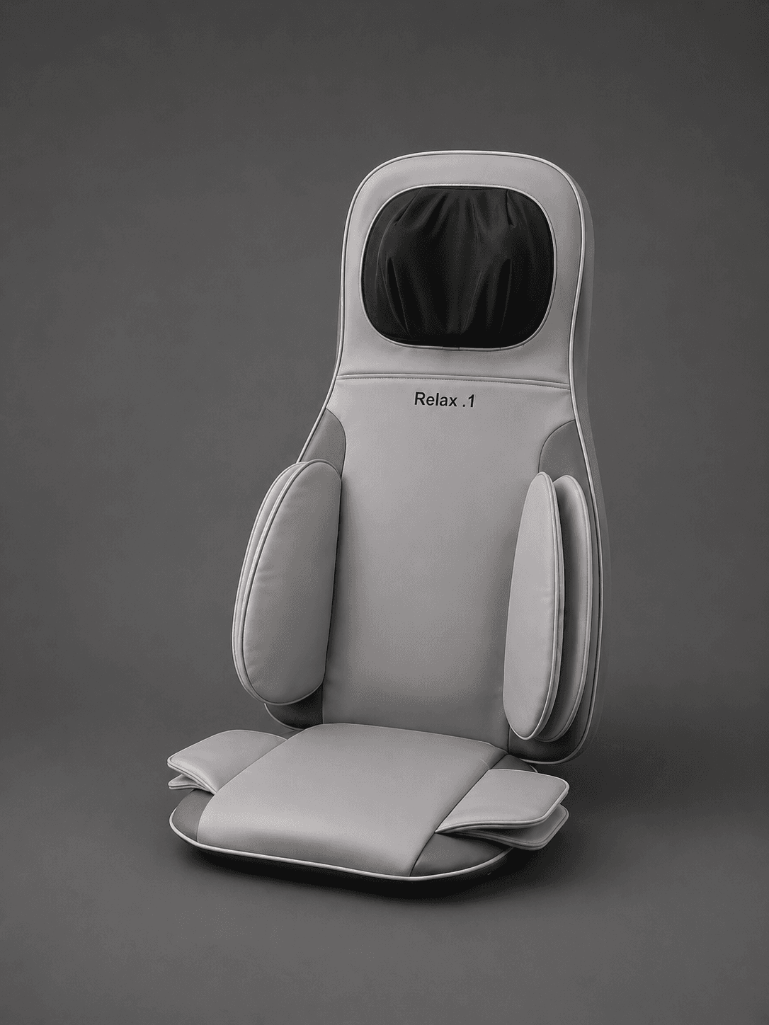 RELAX.1 Back Massager, a light grey massage cushion with a padded headrest, contoured side panels and a seat pad
