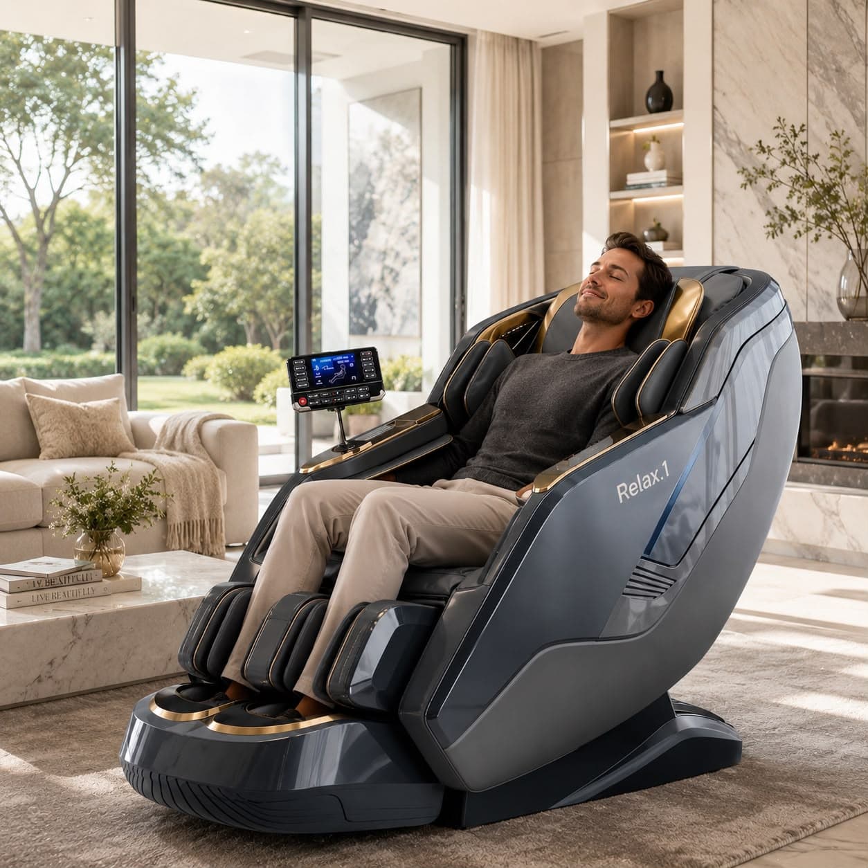 RELAX.1 Premium Body Massage Chair reclined in a bright modern living room, with a man relaxing in the chair