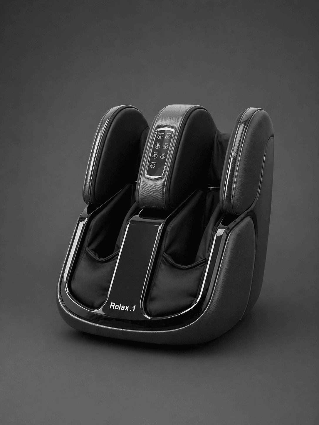 RELAX.1 Leg Massager, an upright dark grey unit with two padded leg compartments and a control panel on top